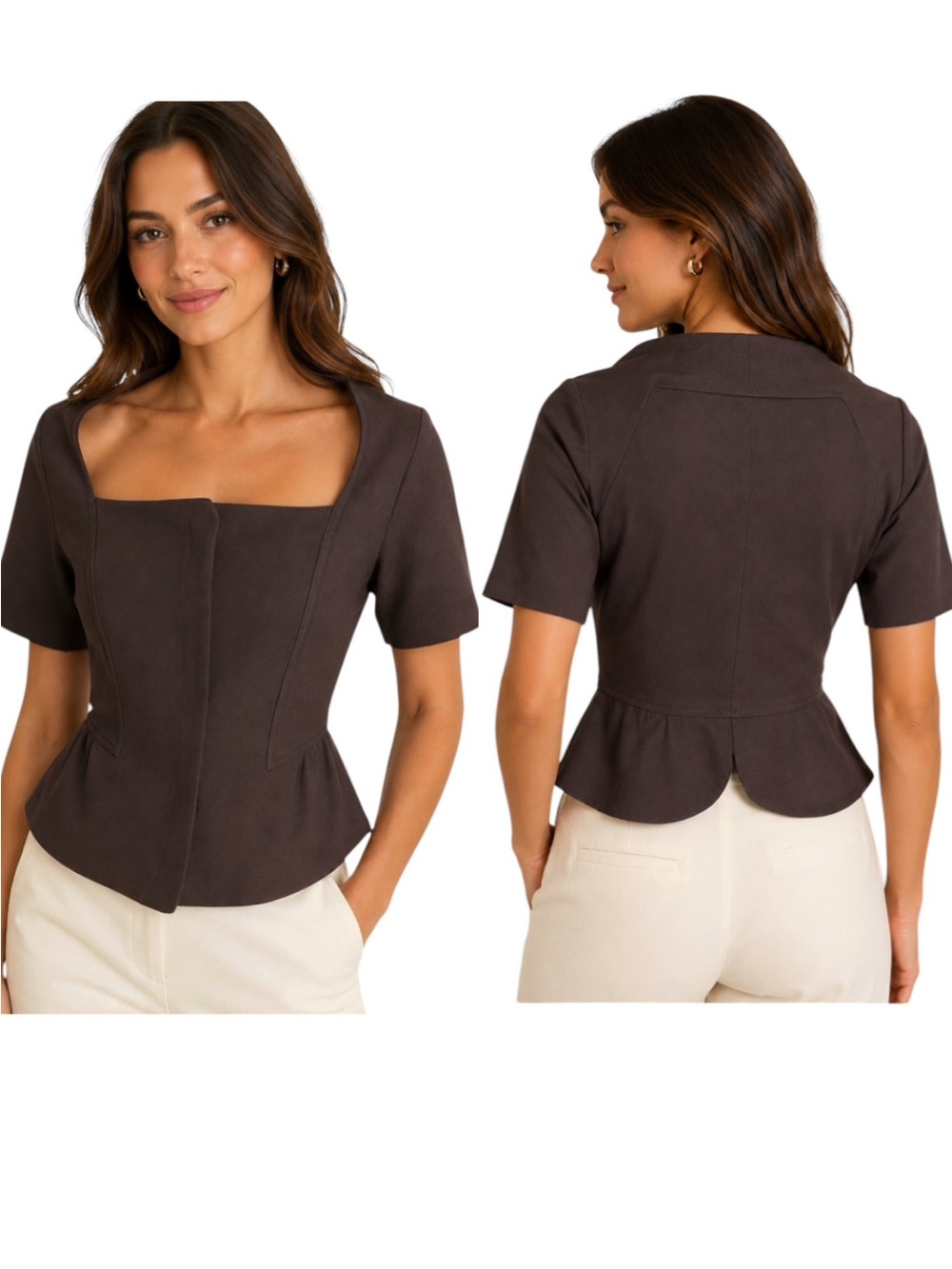 NEW Charles Chang-Lima Y2K Brown Ponte Knit Peplum Cropped Blazer Top - 8